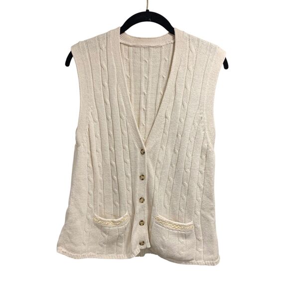 Vintage Womens Cream Cable Knit Sweater Vest L Button Front Pockets Sleeveless - Picture 1 of 5